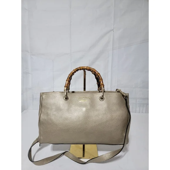 GUCCIMetallic Pebbled Calfskin Medium Bamboo Shopper Tote Golden Beige - Picture 3 of 14